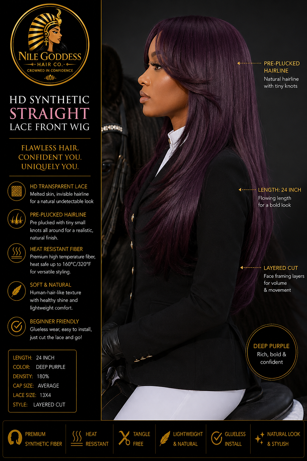 Side shot of a woman on a Friesian Horse wearing a HD Synthetic Straight Lace Front Wig from Nile Goddess Hair Co.