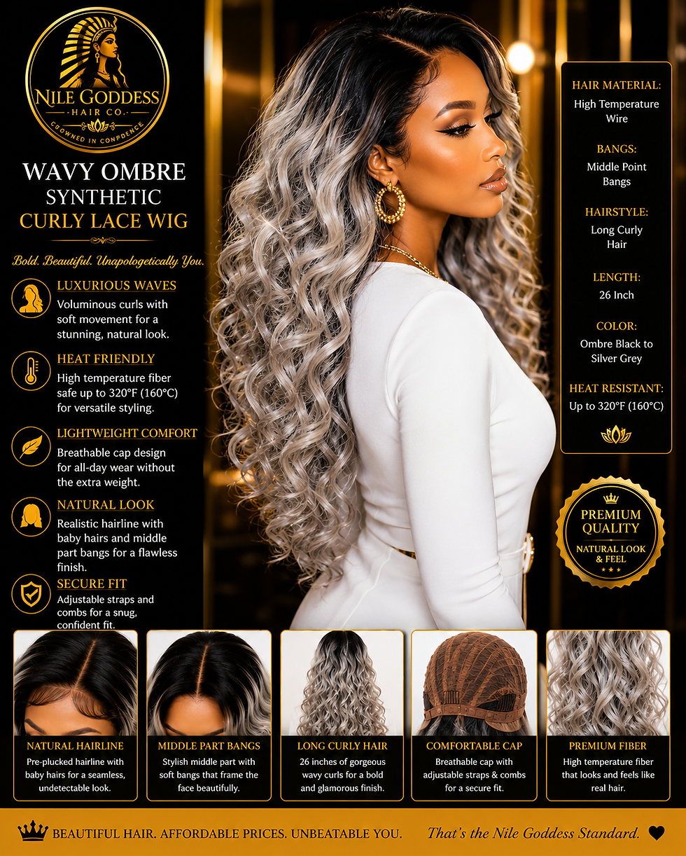 A side shot of a woman wearing a Wavy Ombre Synthetic Curly Lace Wig from Nile Goddess Hair Co.