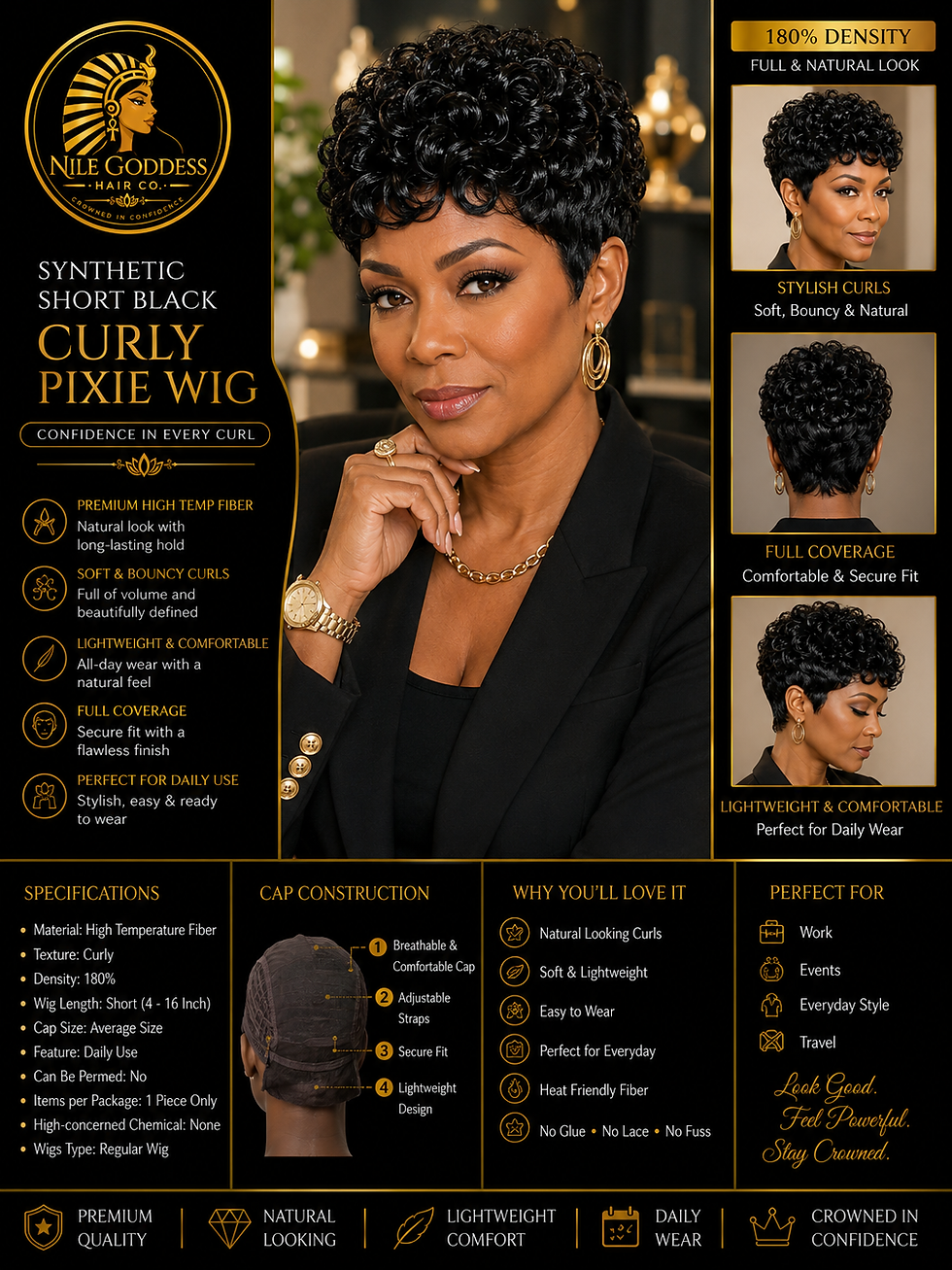 A front view of a woman wearing a Synthetic Short Black Curly Pixie Wig