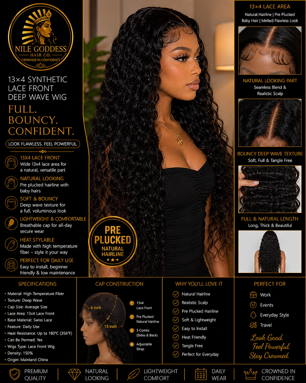 A side shot of a woman wearing a 13×4 Synthetic Lace Front Deep Wave Wig from Nile Goddess Hair Co.