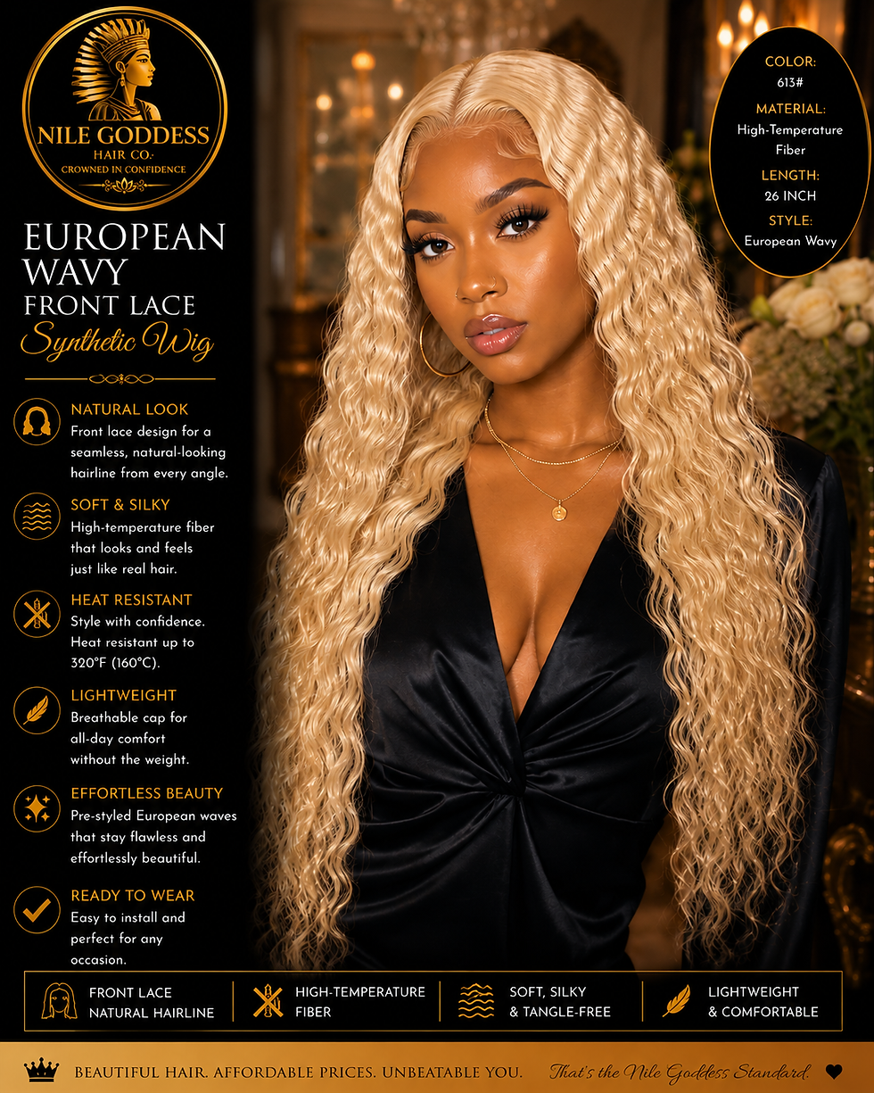 A front shot of a girl wearing a European Wavy Synthetic Lace Front Wig from Nile Goddess Hair Co.