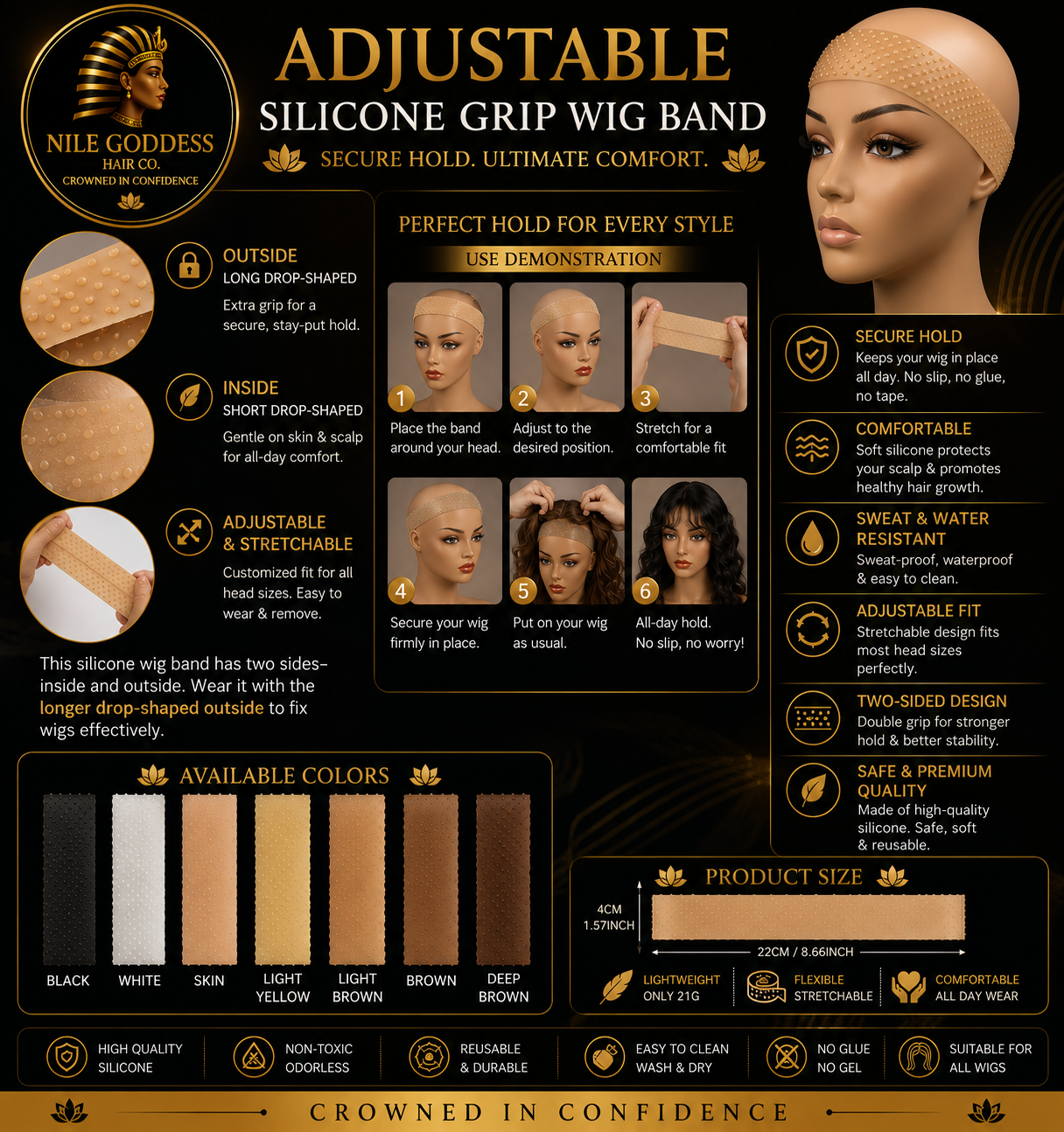 Adjustable Silicone Grip Wig Band and instructions on how to use it and what it is used for.