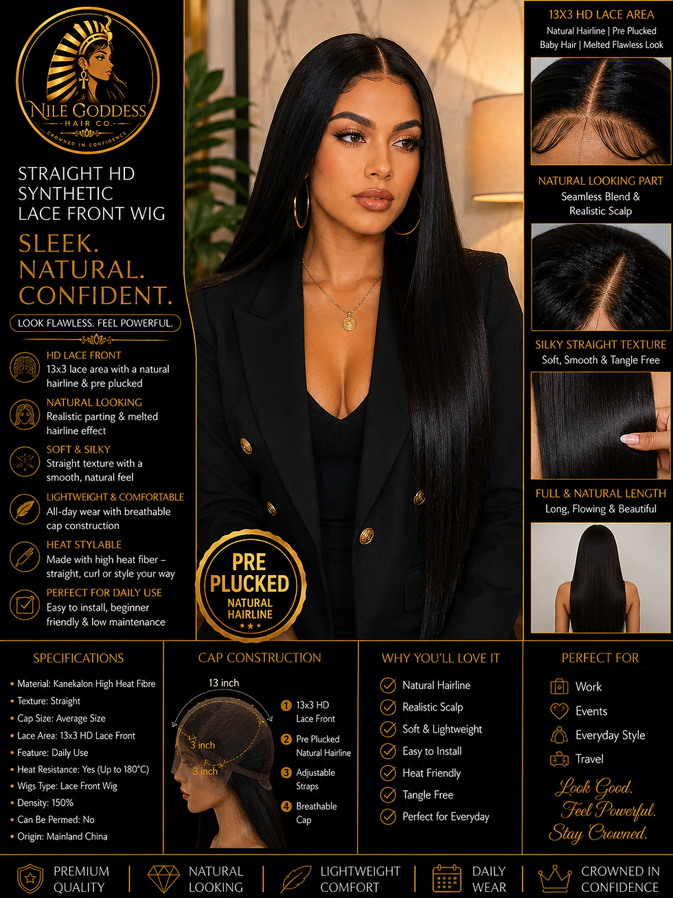 A front shot of a woman wearing a Straight HD Synthetic Lace Front Wig Pre Plucked by Nile Goddess Hair Co.