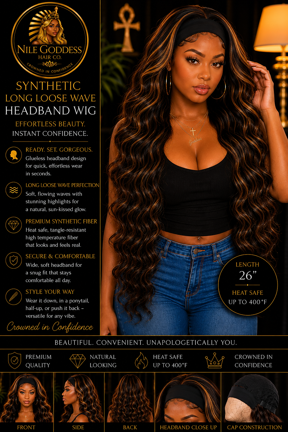 Front view of a girl wearing loose wave synthetic headband wig.