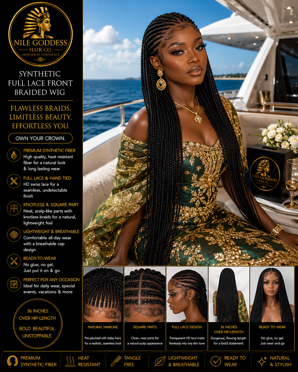 A front shot of a girl on a yacht wearing a Synthetic Full Lace Front Braided Wig from Nile Goddess Hair Co.