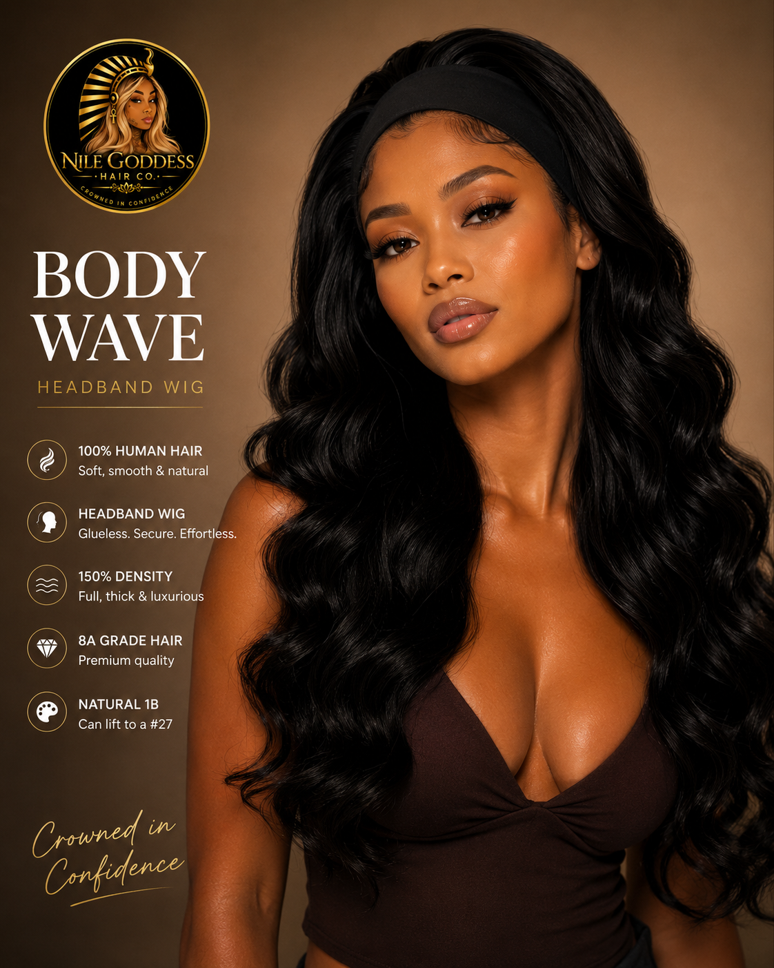 Woman wearing a black Body Wave headband wig.