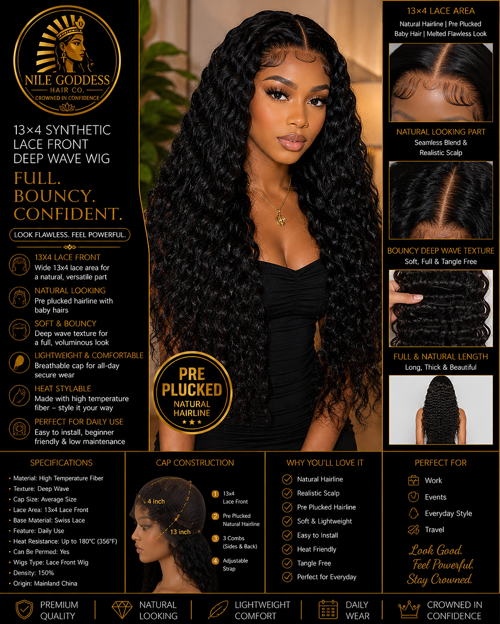 A front shot of a woman wearing a 13×4 Synthetic Lace Front Deep Wave Wig from Nile Goddess Hair Co.
