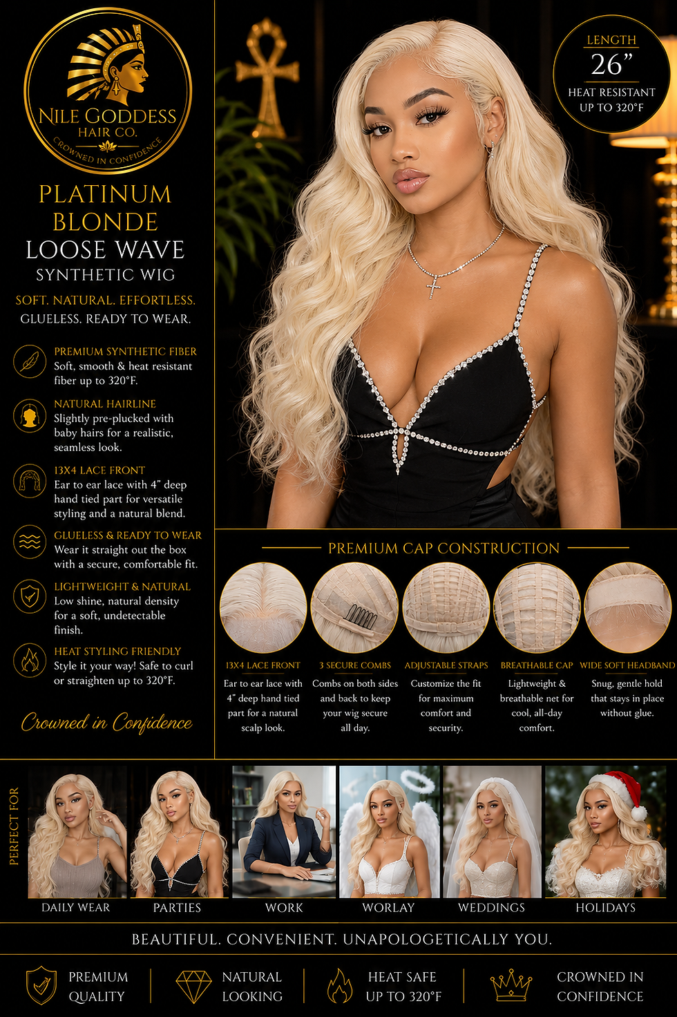 A front view of a girl wearing a Platinum Blonde Loose Wave Synthetic Wig