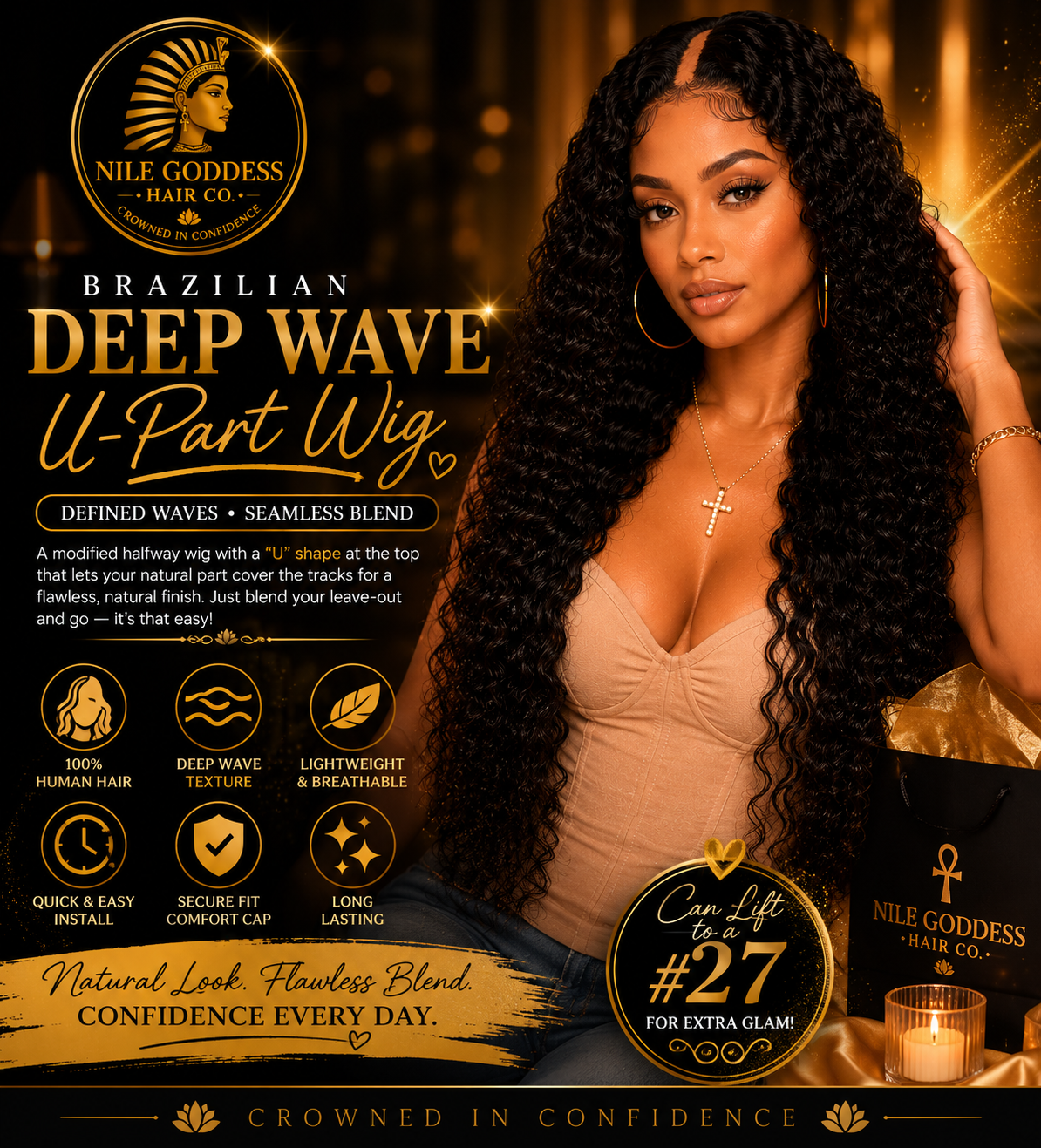 Front shot of woman wearing a Brazilian Deep Wave U-Part Wig