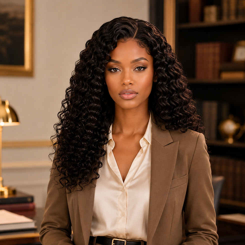 Woman with long wavy hair from the Queen Deep Wave Collection at Nile Goddess Hair Co. in a brown blazer and office.