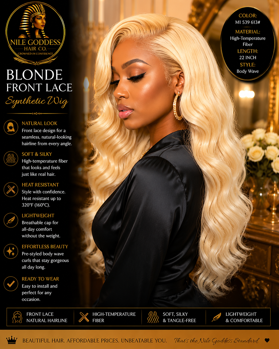 a side shot of a woman wearing a Blonde Synthetic Lace Front Wig from Nile Goddess Hair Co.