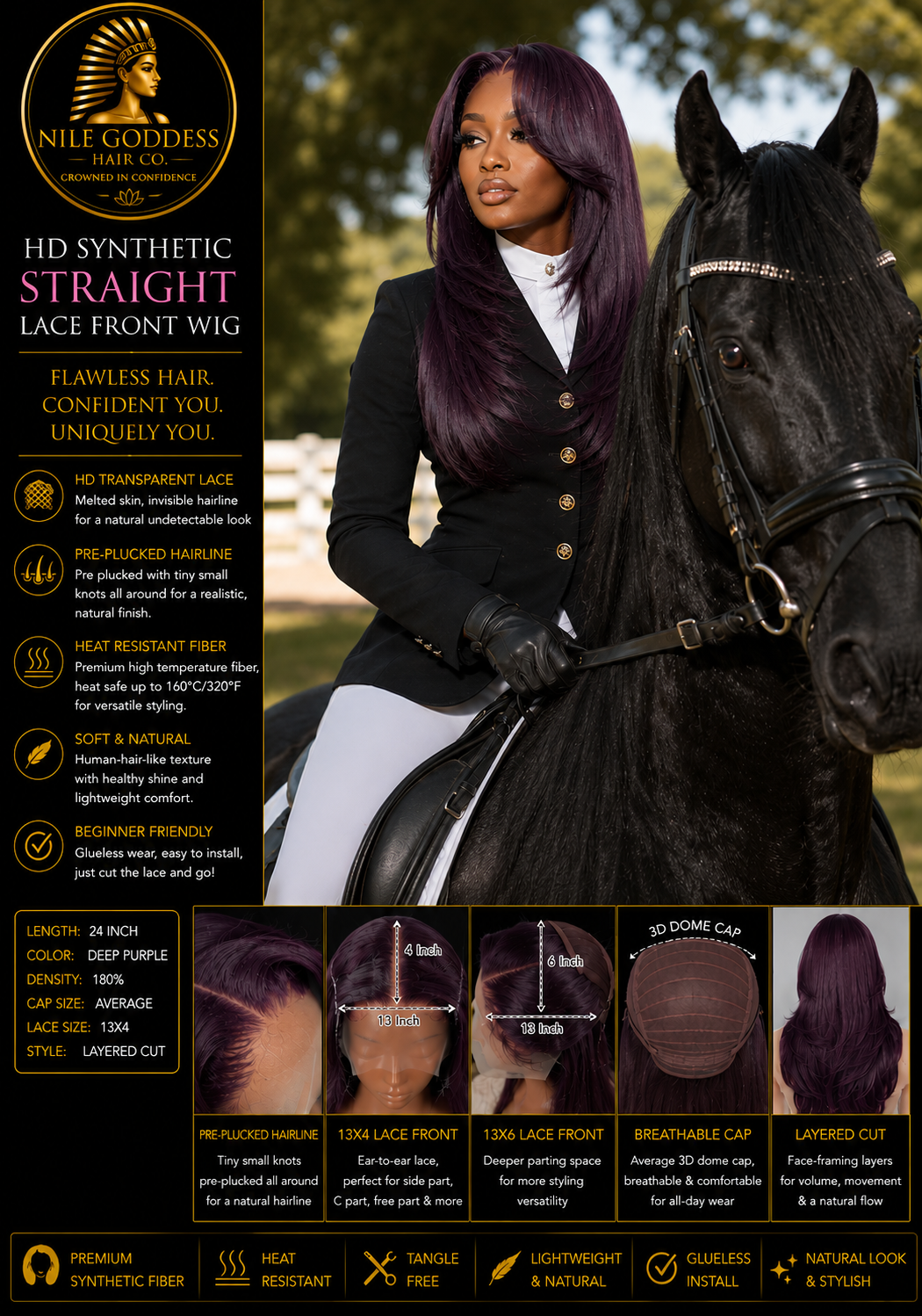 Front shot of a woman on a Friesian Horse wearing a HD Synthetic Straight Lace Front Wig from Nile Goddess Hair Co.