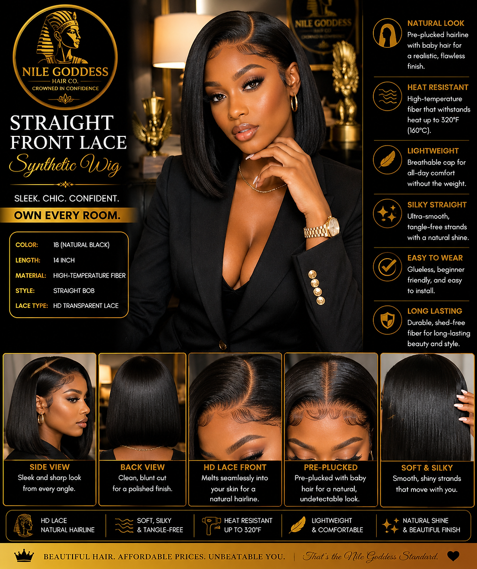 a front shot of a girl wearing a Straight Hair Synthetic Lace Front Wig from Nile Goddess Hair Co.