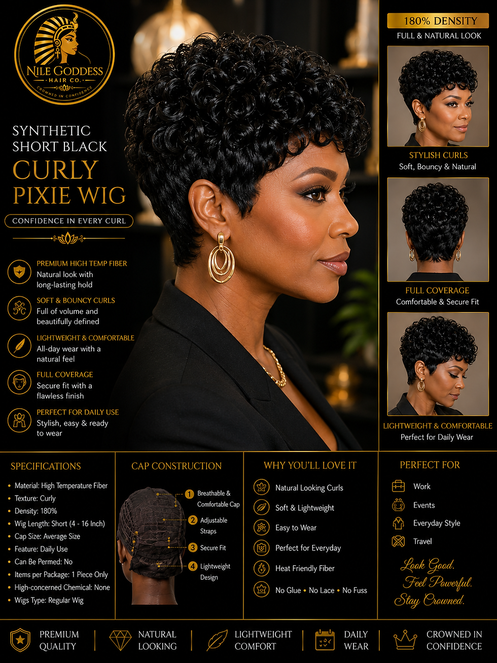 A side view of a woman wearing a Synthetic Short Black Curly Pixie Wig