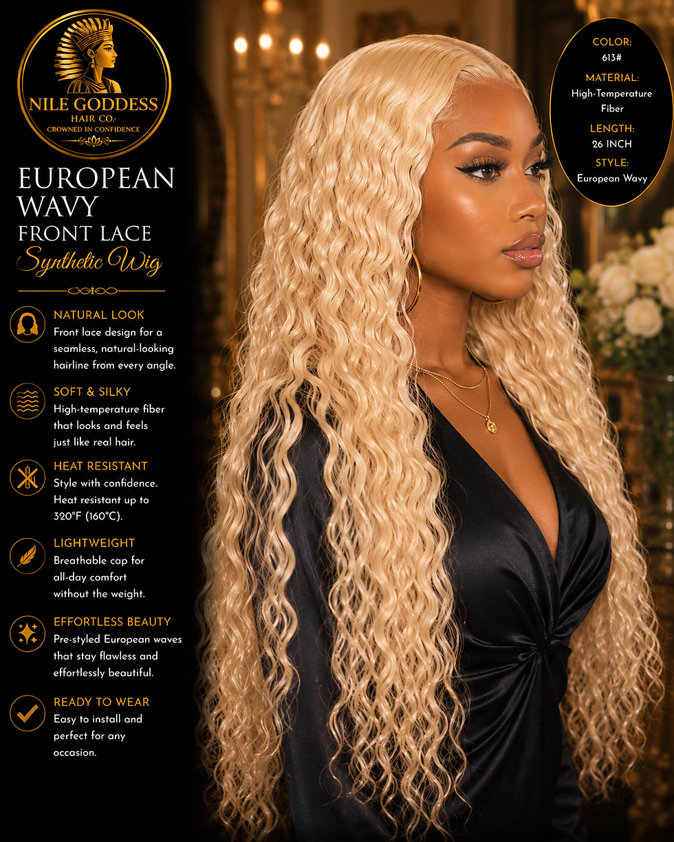 A side shot of a girl wearing a European Wavy Synthetic Lace Front Wig from Nile Goddess Hair Co.