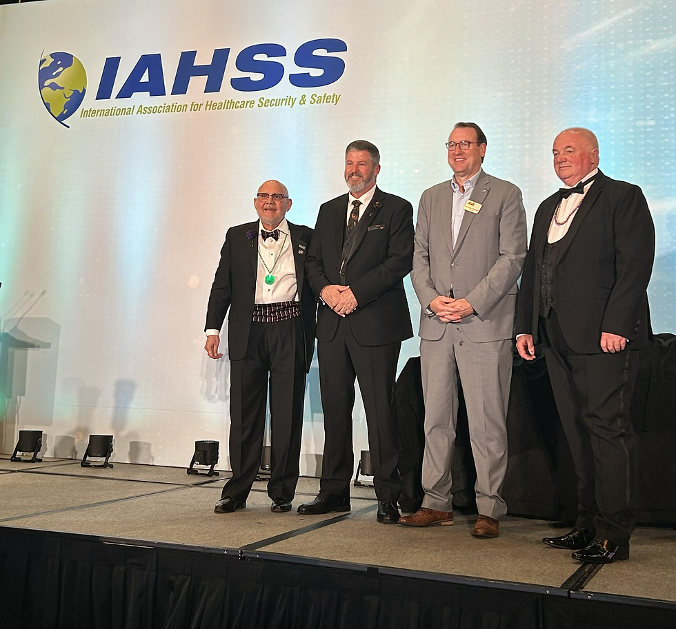 Pictured from left to right: Bill Navejar, IAHSS Foundation President, Tony Pope, IAHSS 2026 President, Eddie Sorrells, DSI CEO and ASIS International President, and Roger Ringham of the National Association for Healthcare Security (NAHS UK).
