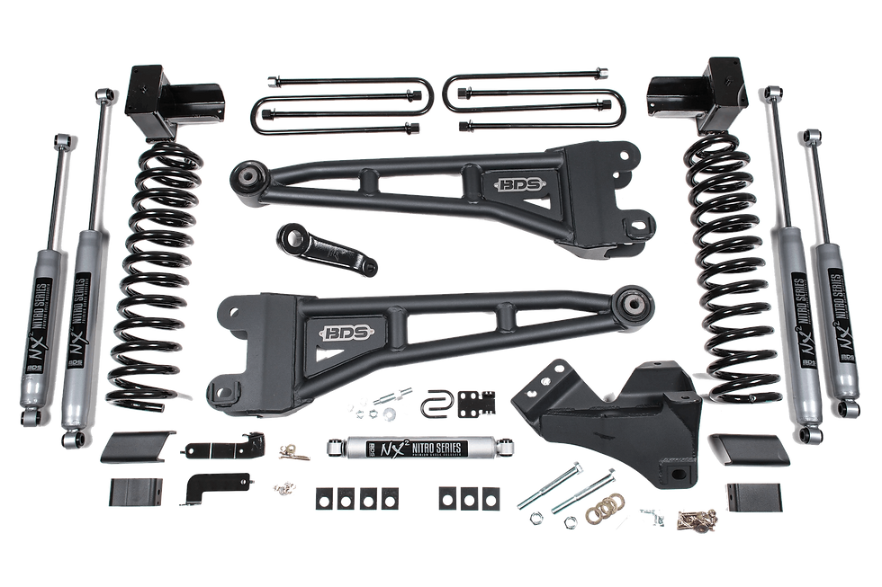 The BDS Suspension Systems collection offers premium, vehicle-specific leveling and lift kits engineered to dramatically improve the stance, ground clearance, and off-road capability of modern trucks and Jeeps. Ranging from 1-inch leveling kits up to heavy-duty 8-inch lifts, these comprehensive packages include robust components like heavy-duty bracketry, upgraded control arms, and vehicle-tuned shocks or premium FOX coilovers. Designed to maintain correct steering geometry and smooth handling in any driving condition, these setups easily make room for oversized wheels and aggressive off-road tires. Built in the USA for demanding conditions, all kits in this collection are backed by the manufacturer's premier, "No Fine Print" lifetime warranty.
