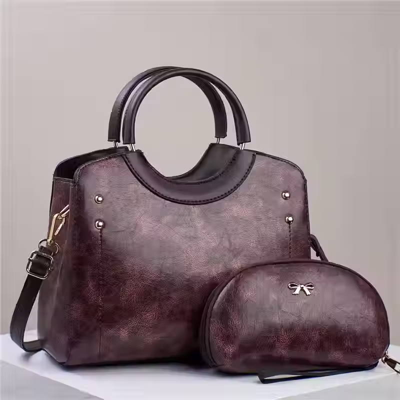 Thumbnail: Retro Handbag Set With High Capacity Zipper Closure Rivet Simple Elegant