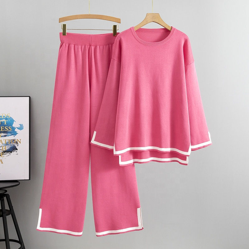 Thumbnail: Winter Long-Sleeved Open Wide-Legged Pants Sweater Two-Piece Set