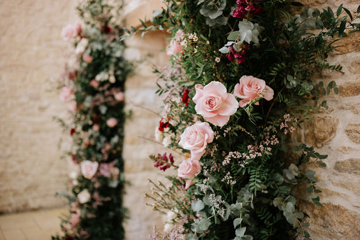 Close up of pink roses on door display