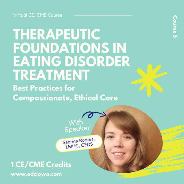 White text on a teal background reads: Treating Eating Disorders With speaker: Brandi Stalzer, LIMHP, LPCC, LMHC, BC-TMH.
2 Credit Hours available
www.edciowa.com
Image contains a headshot of Brandi Stalzer.
Yellow accent graphics are included