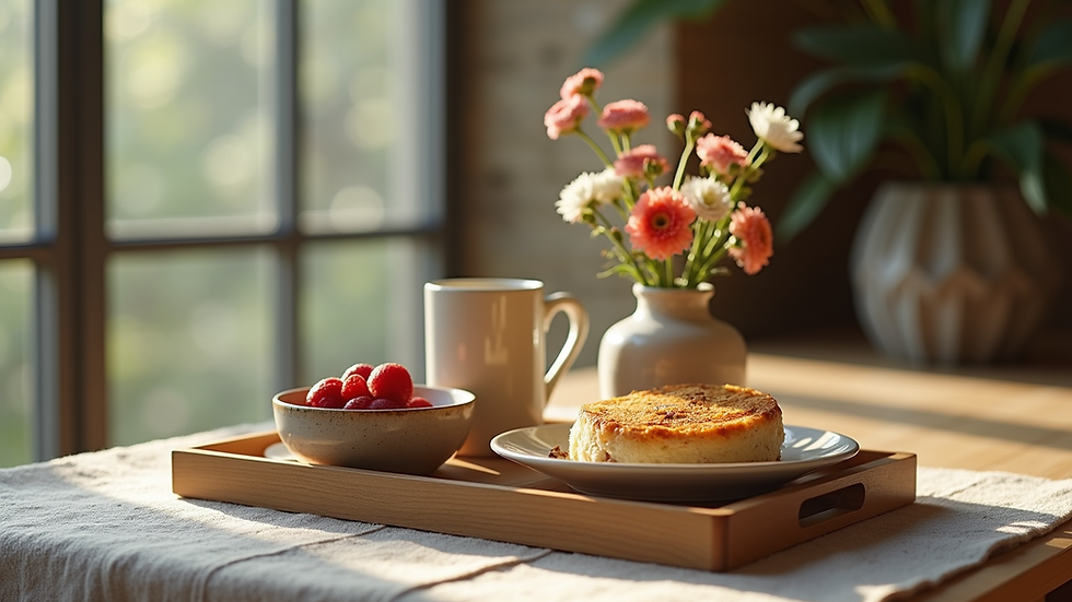 Eye-level view of a rustic wooden tray with breakfast items and a small flower vase