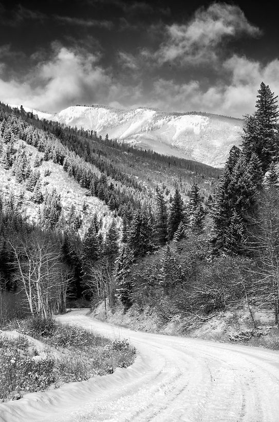 B&W, snow, back roads, country roads, mountains, colorado