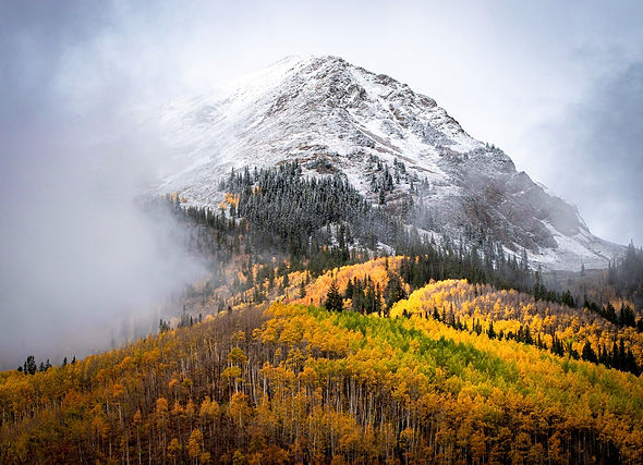mountains, weather, fall, aspens, snow, clouds, fog, seasons