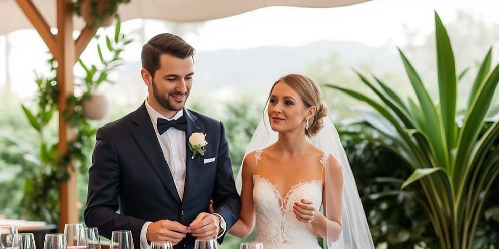 Novios sonrientes en una ceremonia al aire libre: él con traje azul marino y ella con velo y vestido blanco, entre plantas.