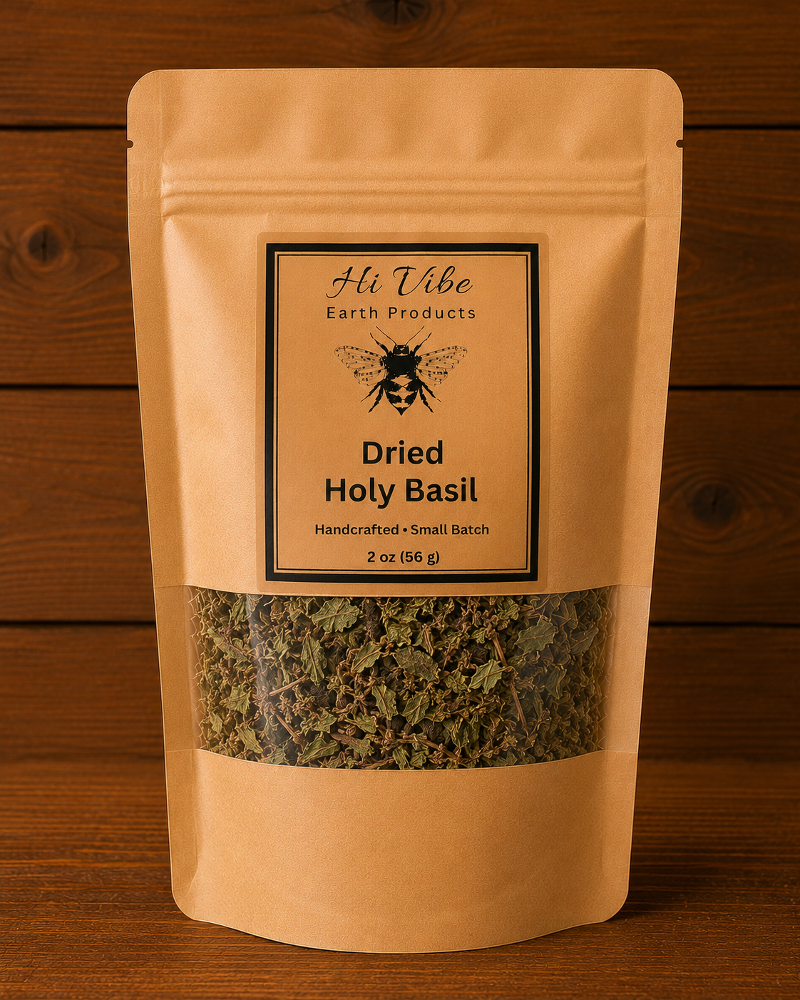 Hand-harvested dried Holy Basil (Tulsi) (Ocimum tenuiflorum) grown on the Hi Vibe Honey Bees & Apothecary farm in Southern In