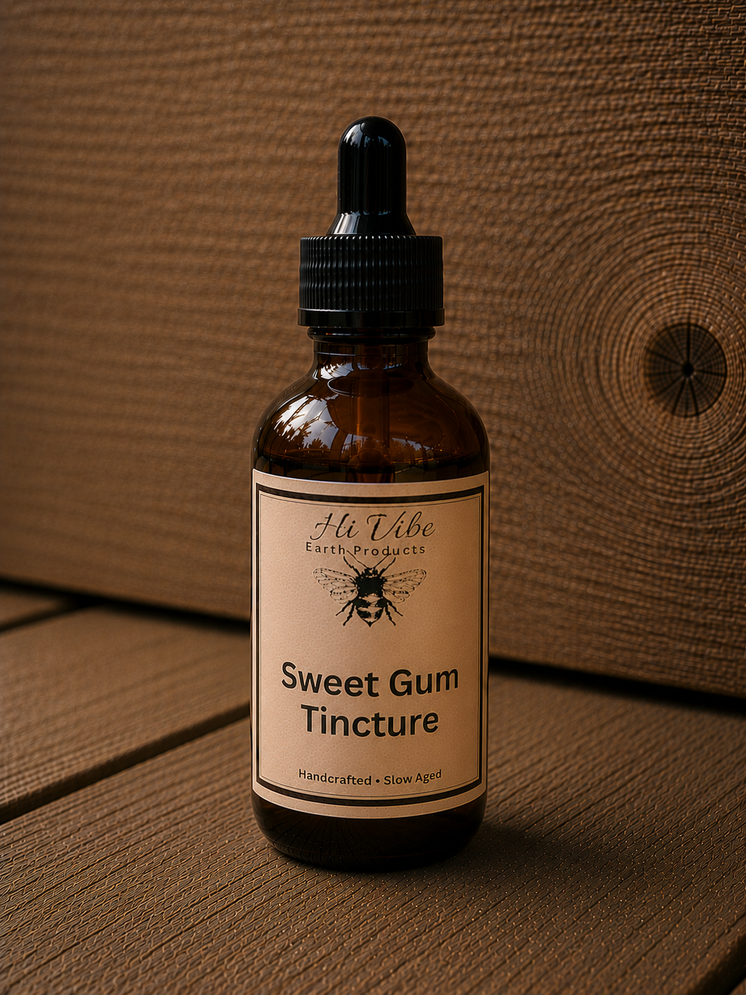 sweet gum tincture in glass amber bottle