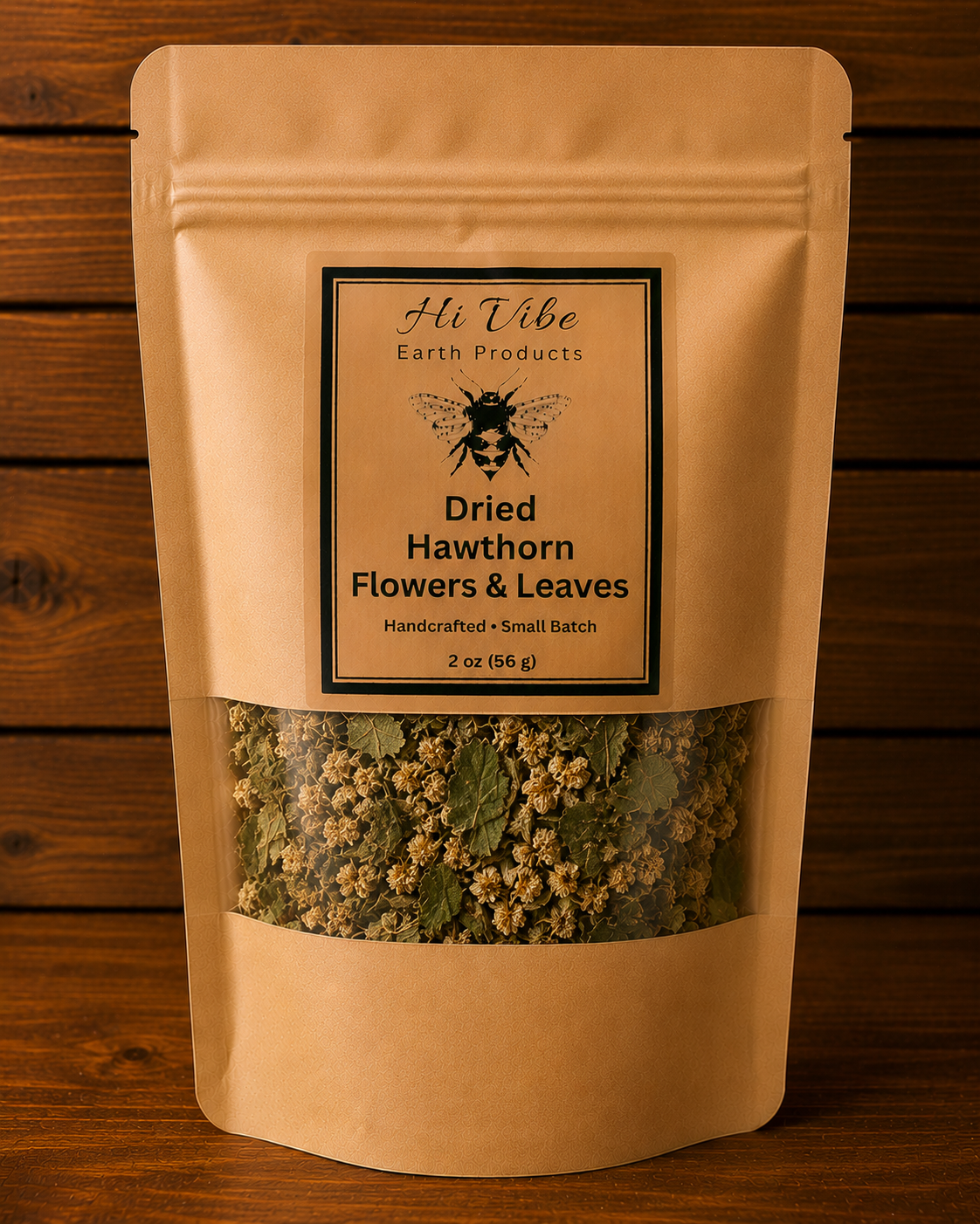 Wildcrafted dried hawthorn flowers and leaves (Crataegus spp.) hand-packaged by Hi Vibe Honey Bees & Apothecary.