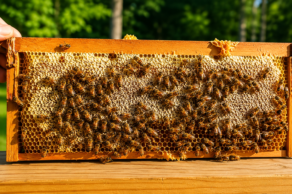 from full of raw local honey with honey bees at our Southern Indiana Farm Hi Vibe Honey Bees & Apothecary.