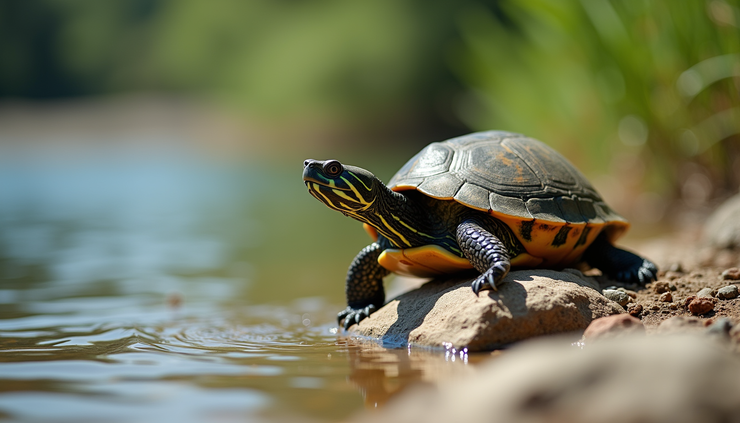 Close-up view of a freshwater turtle resting on a rock near a riverbank
