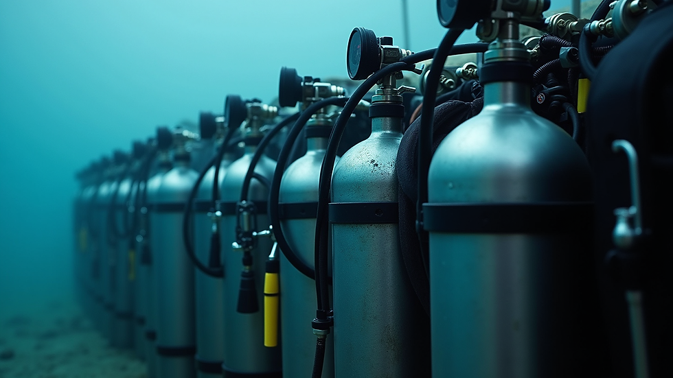 Close-up view of technical diving gear including multiple tanks and regulators