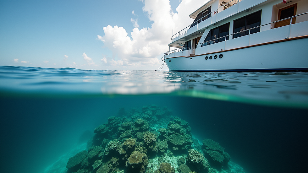 Eye-level view of a liveaboard boat anchored near a coral reef in Raja Ampat