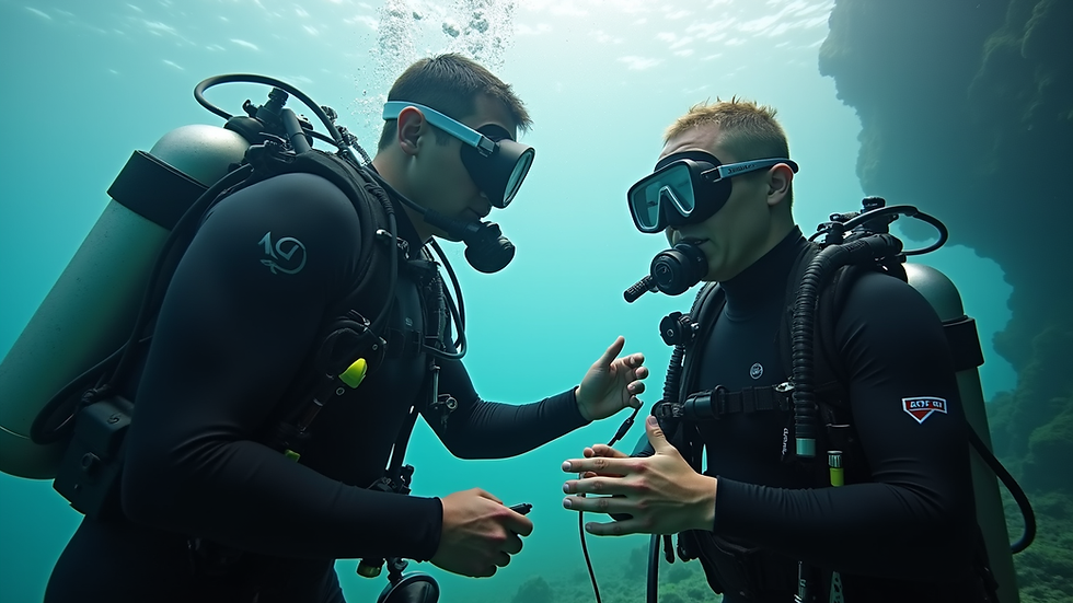 Eye-level view of scuba diving instructor explaining equipment to a student