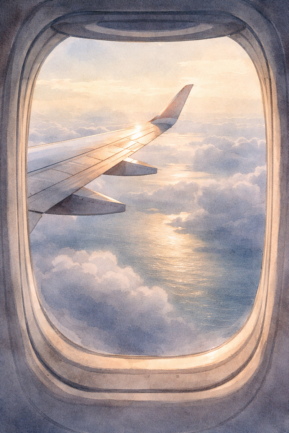 Looking out of a plane window, clouds and water below