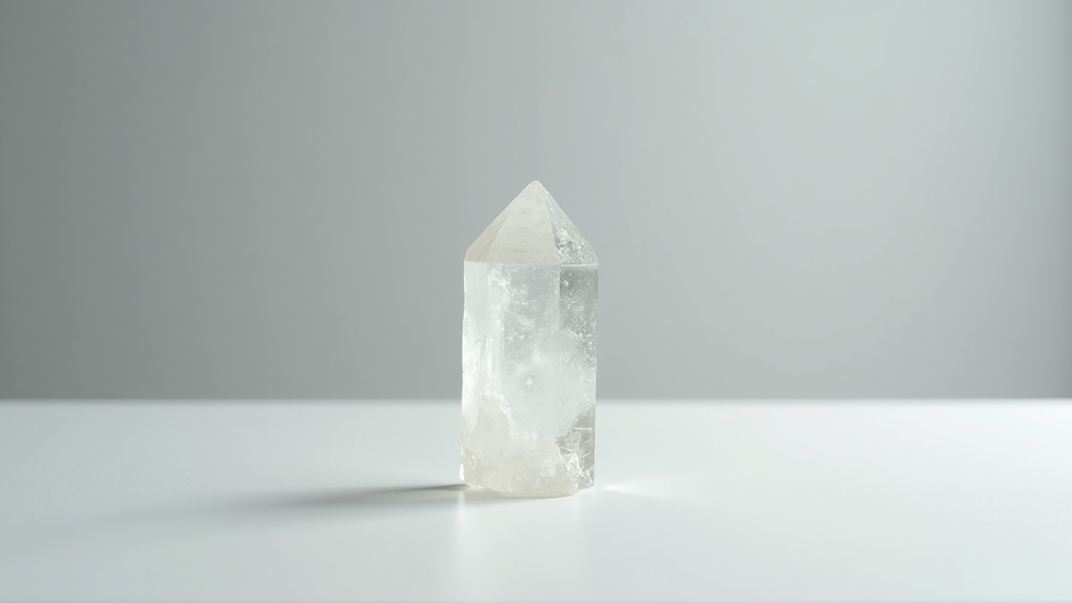 Eye-level view of a polished clear quartz point standing upright on a white surface