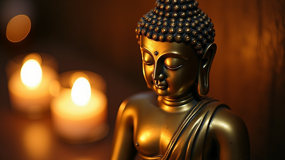 Close-up view of a brass Buddha statue illuminated by soft candlelight