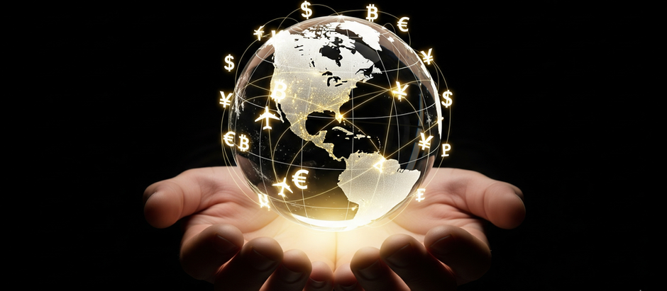A glowing glass globe with various currencies connecting cities hovering over hands