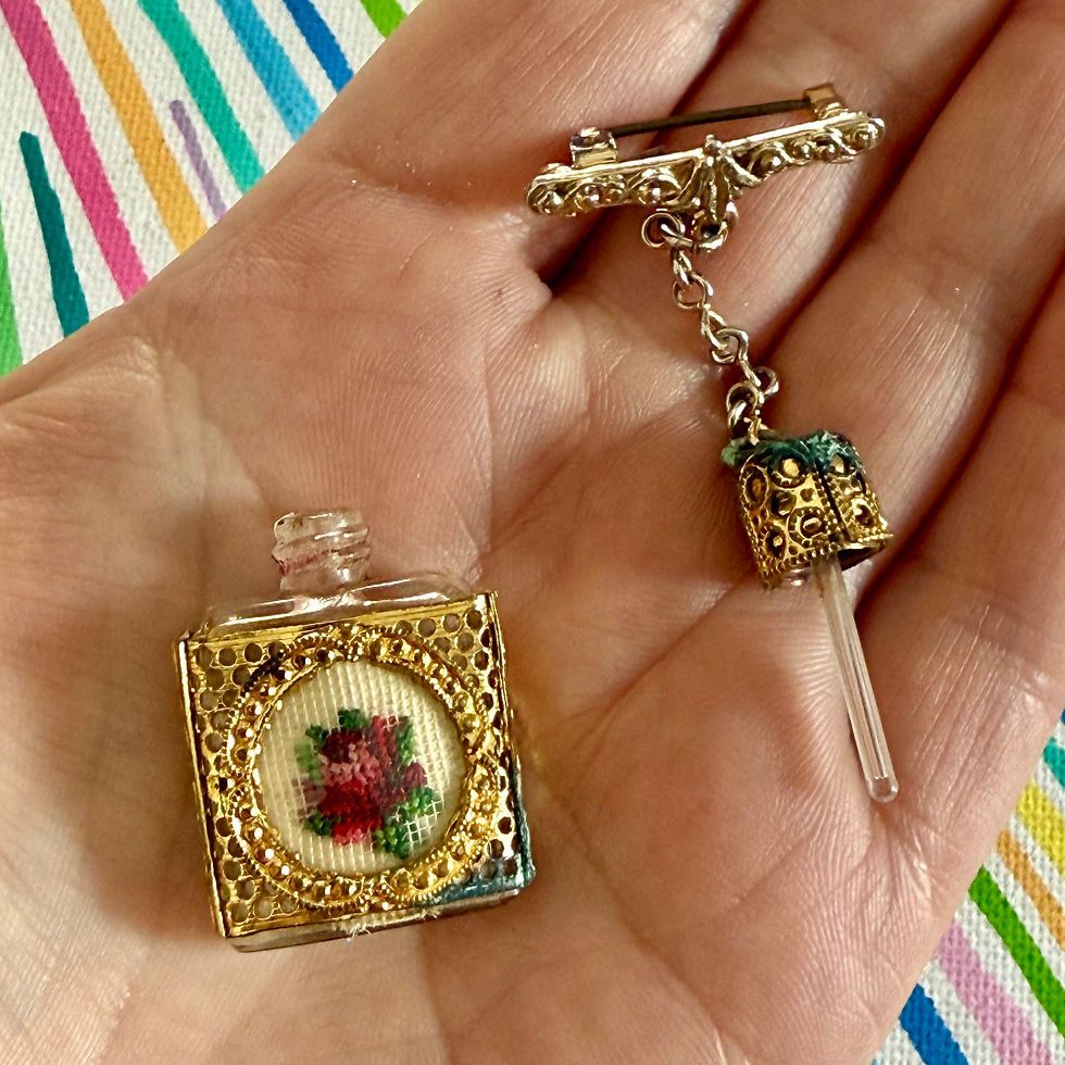 Thumbnail: Midcentury petite point glass scent bottle brooch 
