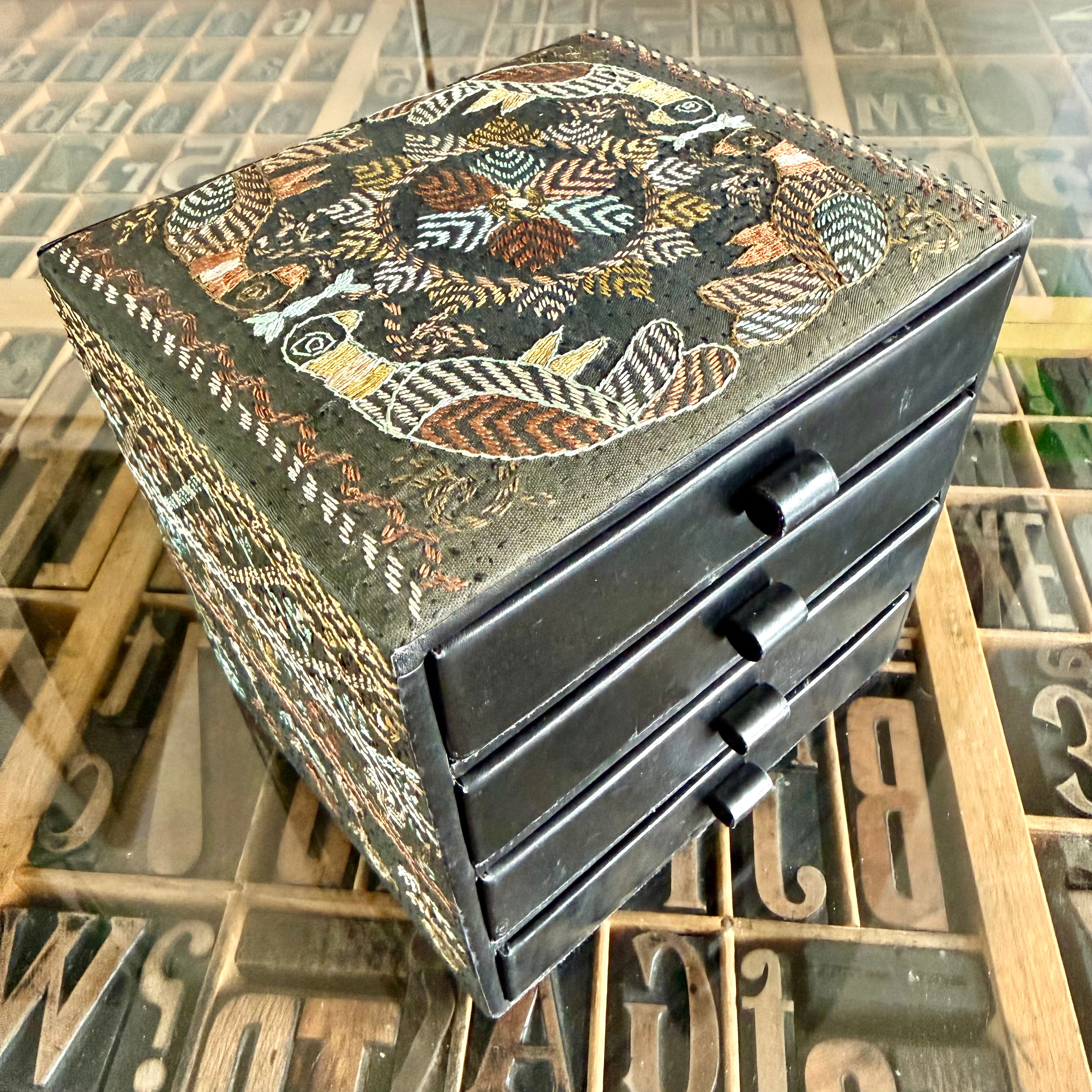 Vintage leather jewellery drawers with hand stitched outer