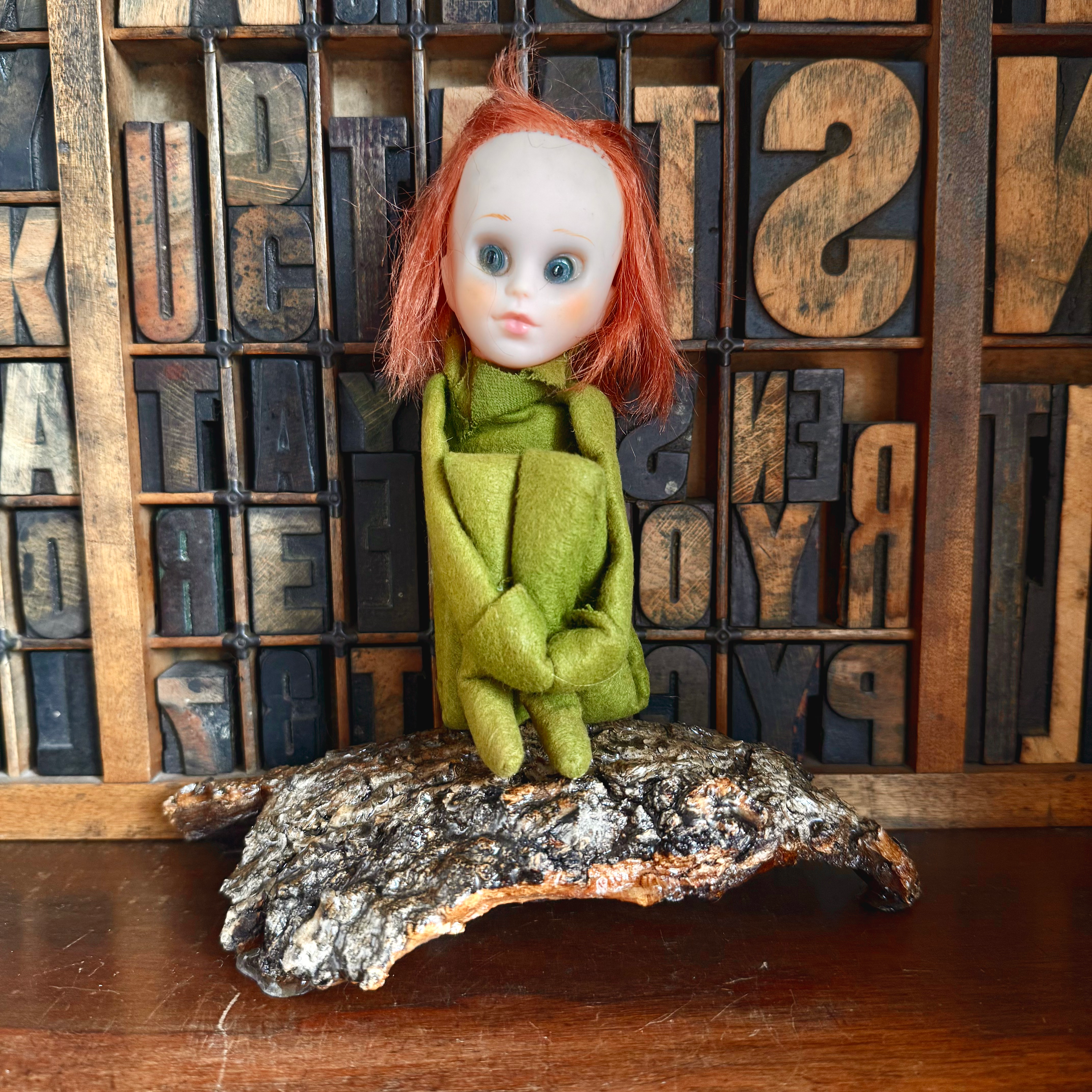 Vintage 13” 1965 Kamar Julie green knee hugger elf with rubber face