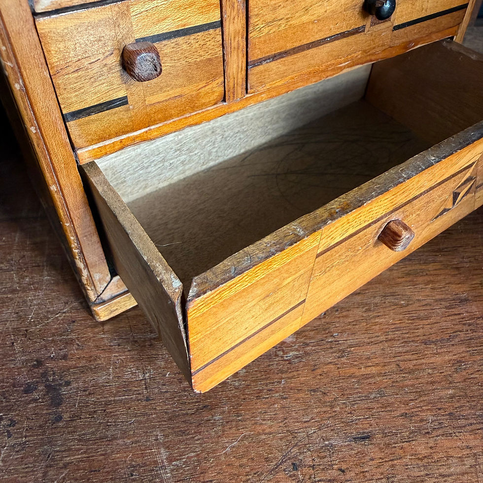 Thumbnail: Vintage miniature marquetry chat of drawers