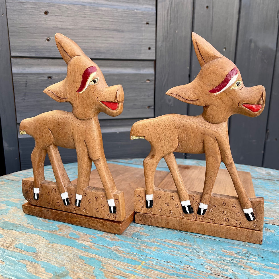 Thumbnail: Vintage wooden folk art, tramp art folding bookends with deer