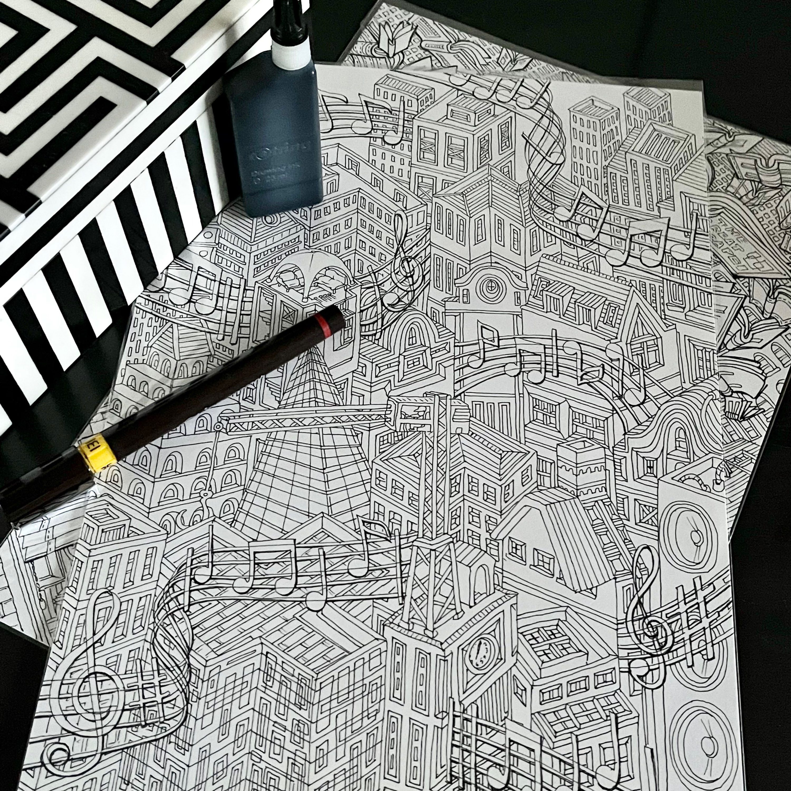 Original ink graphic doodle drawing. Sounds of the City 2 on smooth white 200gsm