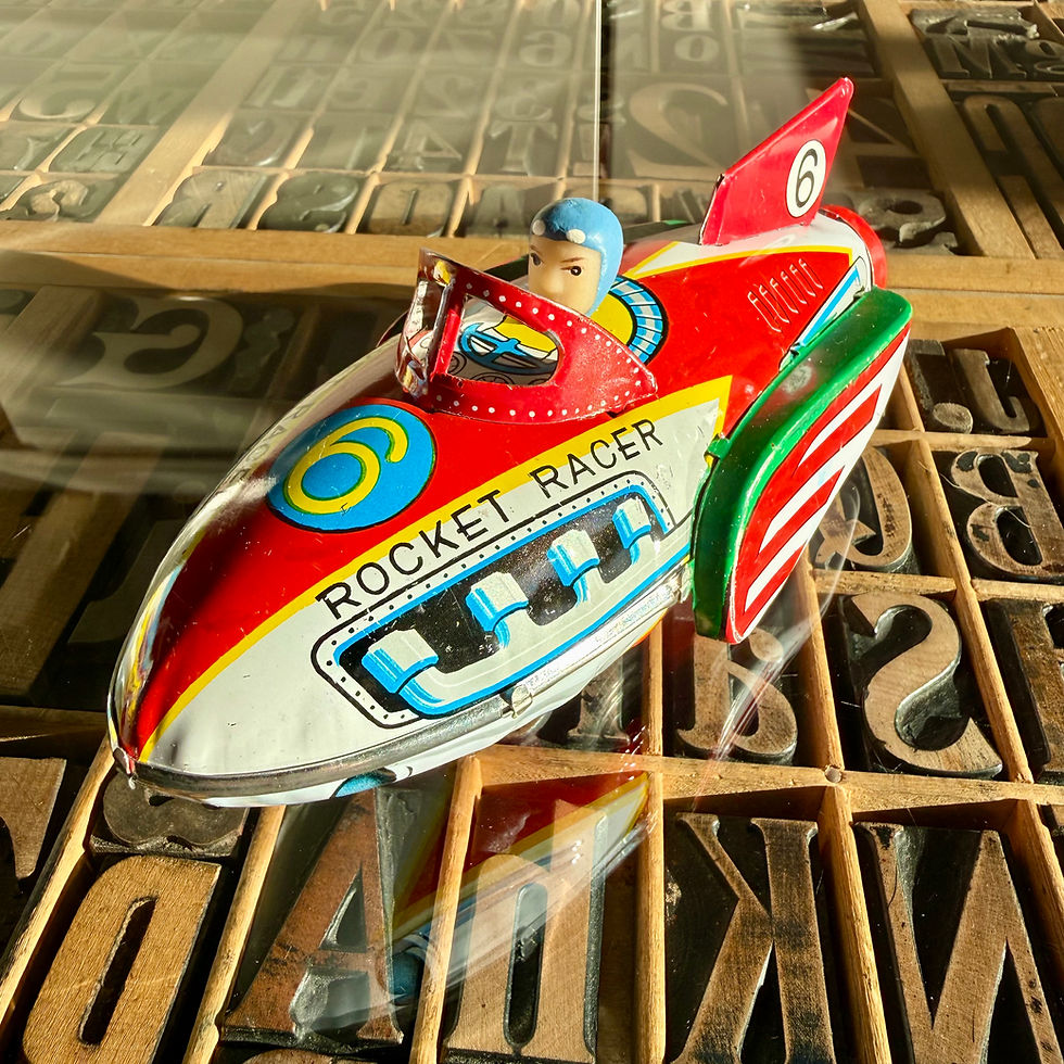 Thumbnail: Vintage tinplate friction rocket toy in original box 