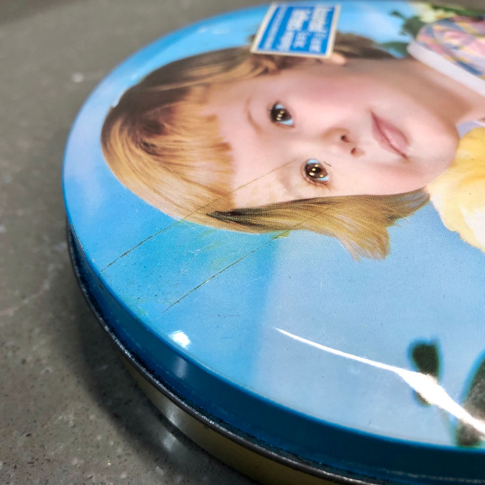 Thumbnail: VINTAGE KITSCH ROUND TOFFEE TIN. Girl with chick 