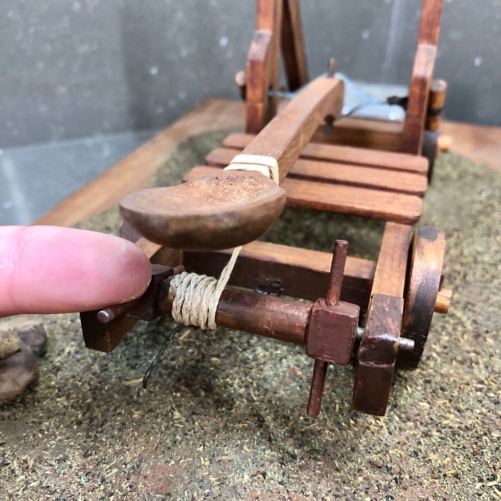 Thumbnail: VINTAGE SCRATCH BUILT MINIATURE WOODEN CATAPULT IN INDUSTRIAL BOX 